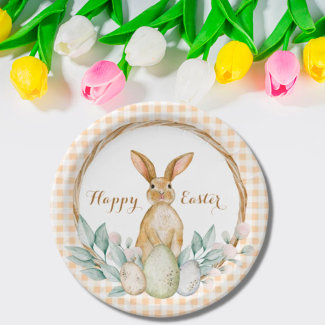 Plaid Watercolor Floral Wreath Happy Easter