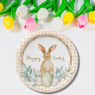 Plaid Watercolor Floral Wreath Happy Easter Paper Plates