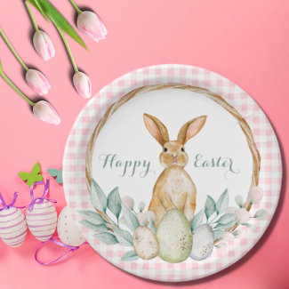 Plaid Watercolor Floral Wreath Happy Easter