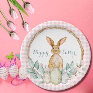 Plaid Watercolor Floral Wreath Happy Easter Paper Plates