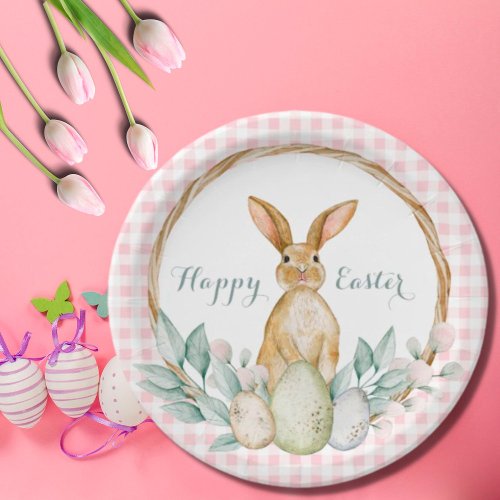 Plaid Watercolor Floral Wreath Happy Easter Paper Plates