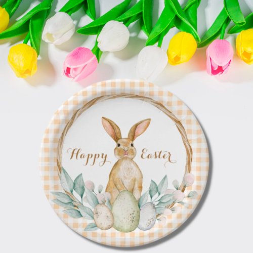 Plaid Watercolor Floral Wreath Happy Easter Paper Plates