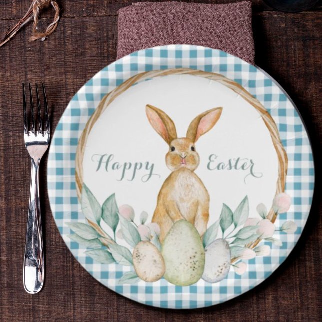 Plaid Watercolor Floral Wreath Happy Easter  Paper Plates (Creator Uploaded)