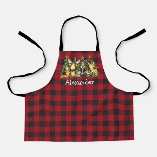 Plaid Watercolor Woodland Forest Animals Trees Apron