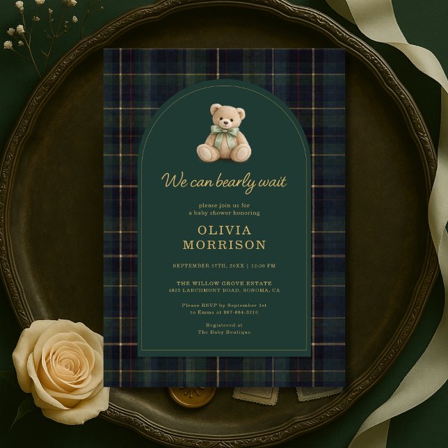 Plaid We Can Bearly Wait Green Blue Baby Shower Invitation (Creator Uploaded)