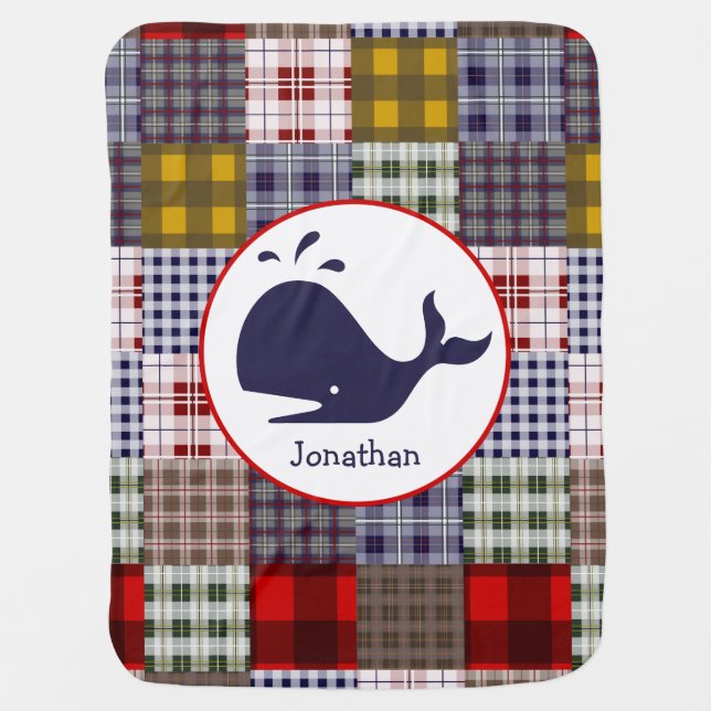 Plaid + Whale Personalized Baby Blanket (Front)