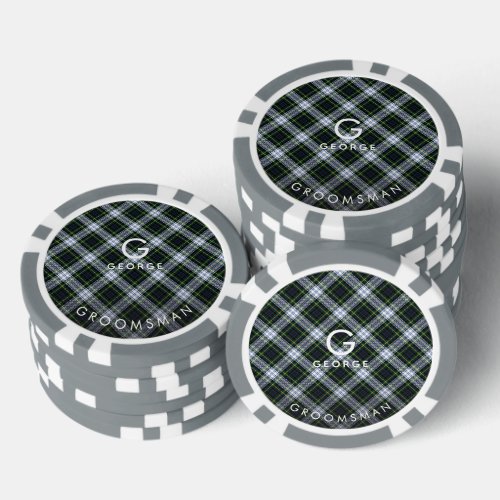 Plaid White Green Gordon Tartan Groomsman Monogram Poker Chips