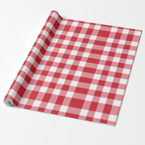 Plaid White Red Gingham Check Rustic Holiday Wrapping Paper