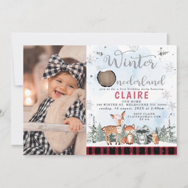 Plaid Winter One-derland Woodland Animals Birthday Invitation (Front)