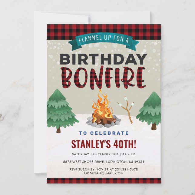 Plaid Winter Outdoor Bonfire Birthday Invitation (Front)