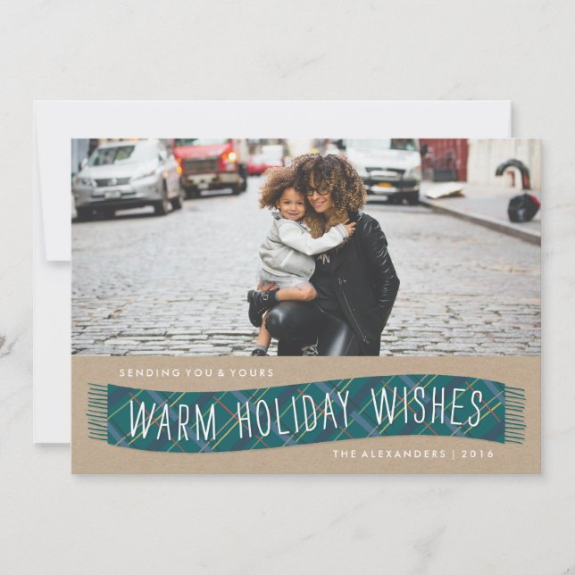 Plaid Winter Scarf Holiday Card - Teal (Front)