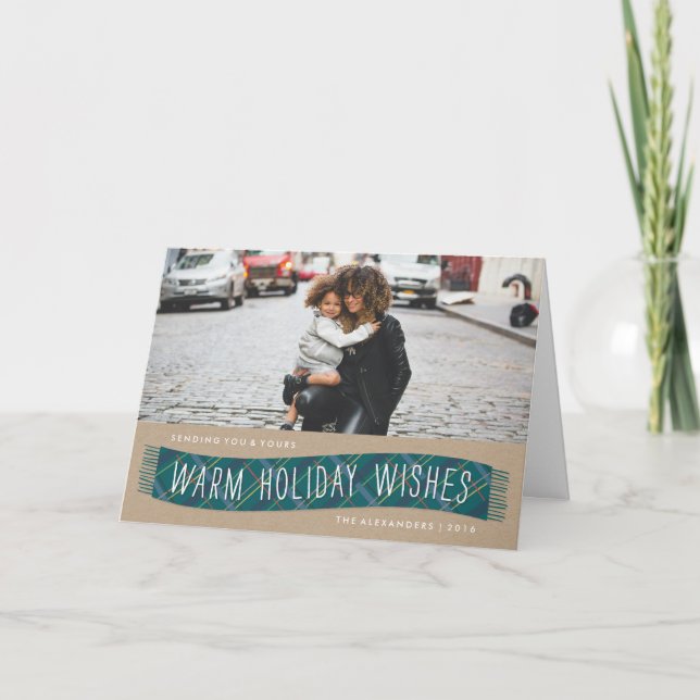 Plaid Winter Scarf Holiday Card - Teal (Front)