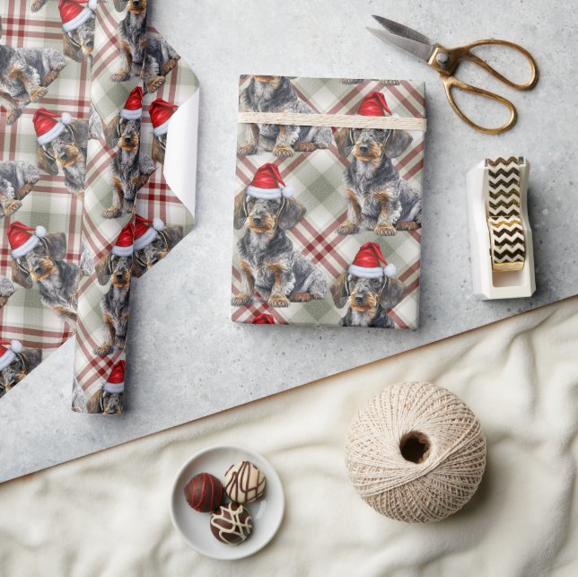 Plaid Wirehair Dachshund Santa Dog Christmas Wrapping Paper (Crafts)