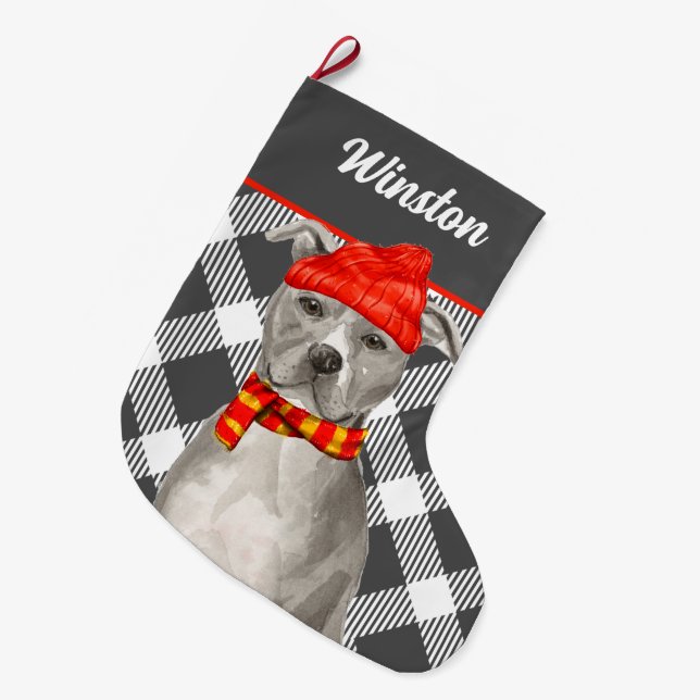 Plaid with a Gray Pit Bull and Dog's Name Large Ch Large Christmas Stocking (Front (Hanging))