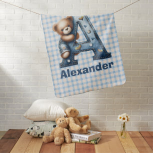 Plaid With Denim Monogram Teddy Bear Baby Blanket