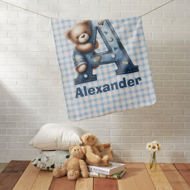 Plaid With Denim Monogram Teddy Bear Baby Blanket (In Situ)