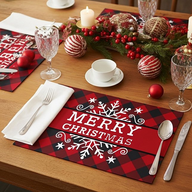 Plaid with Merry Christmas snowflakePaper Placemat (Creator Uploaded)