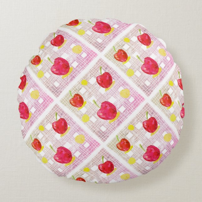 Plaid with Pink Cherries Round Pillow (Front)