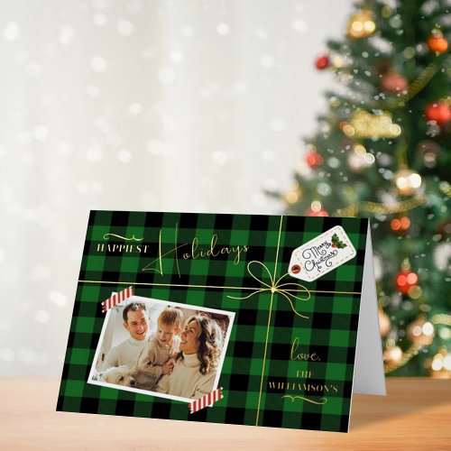 Plaid Wrapped Christmas Present With Photo Real Foil Greeting Card