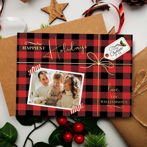Plaid Wrapped Christmas Present With Photo Real Foil Holiday Card