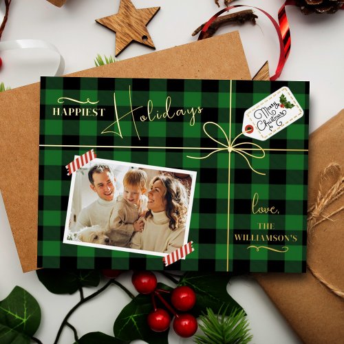 Plaid Wrapped Christmas Present With Photo Real Foil Holiday Card