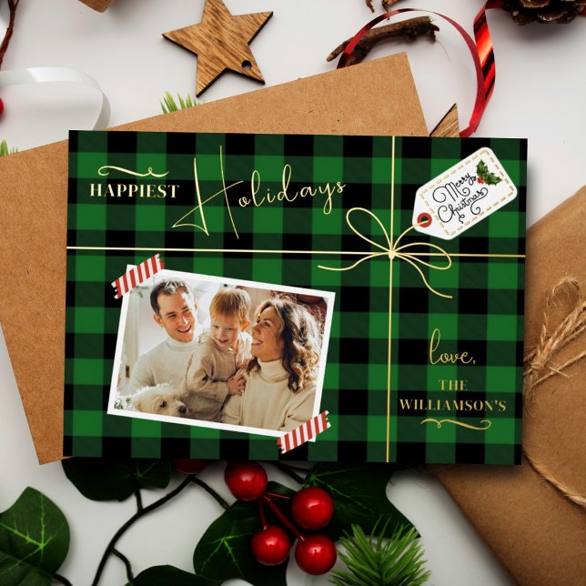 Plaid Wrapped Christmas Present With Photo Real Foil Holiday Card (Creator Uploaded)