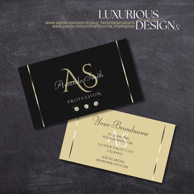 Plain Black and Beige Shimmery Diamonds Monogram Business Card (Creator Uploaded)