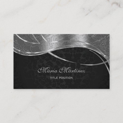 Plain Black And Silver Damask Business Card