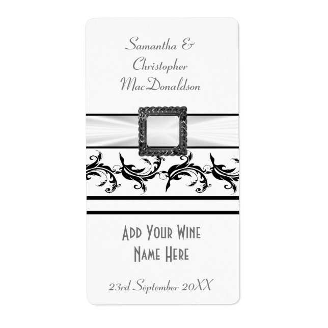 Plain black and white wedding wine bottle label (Front)
