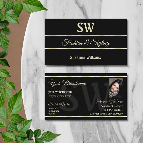 Plain Black Golden Stripes with Monogram and Photo Business Card