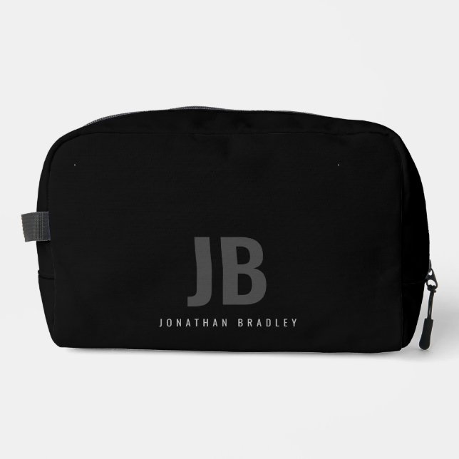 Plain Black Modern Minimalist Monogrammed  Dopp Kit (Front)