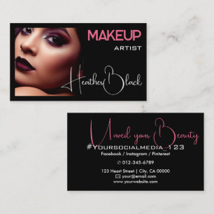 Plain Black Pink Calligraphy Font with Photo Image Business Card