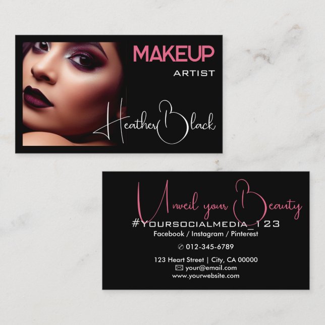 Plain Black Pink Calligraphy Font with Photo Image Business Card (Front/Back)