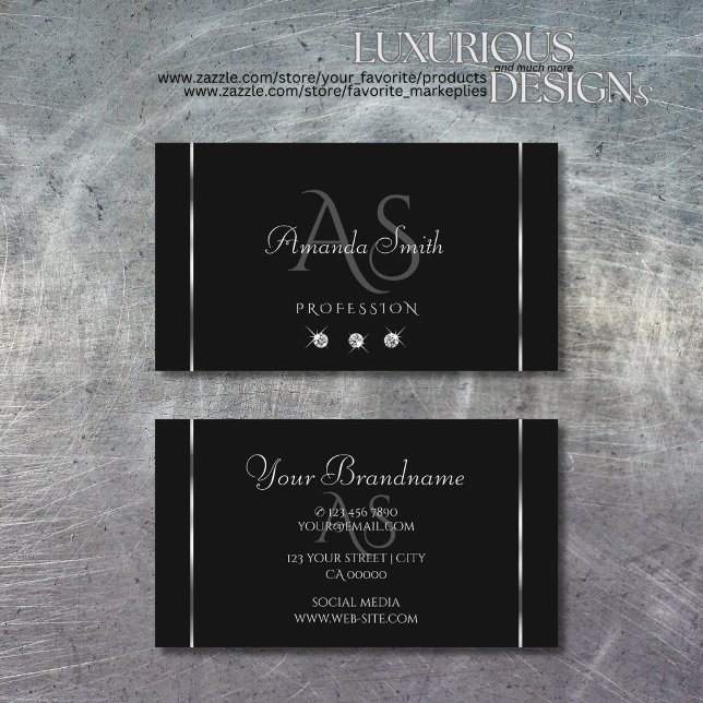 Plain Black Silver Decor Sparkle Diamonds Initials Business Card (Creator Uploaded)