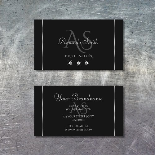 Plain Black Sparkle Silver Diamonds Gray Initials Business Card