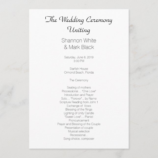 Plain Black White Flat Wedding Program Template (Front)