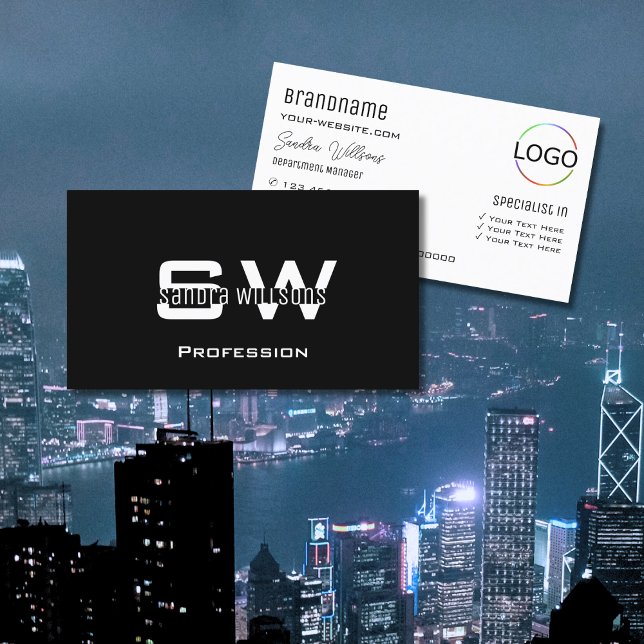 Plain Black White Modern with Monogram and Logo Business Card (Creator Uploaded)