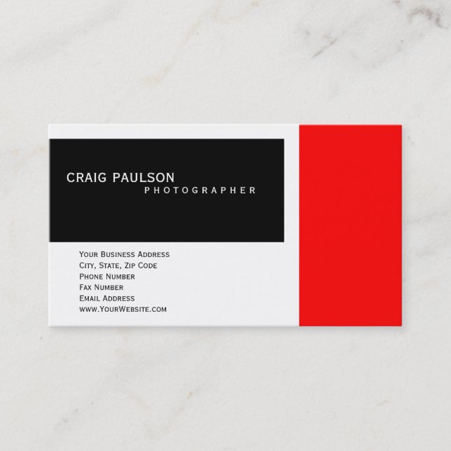Plain Black White Red Photography Business Card (Front)