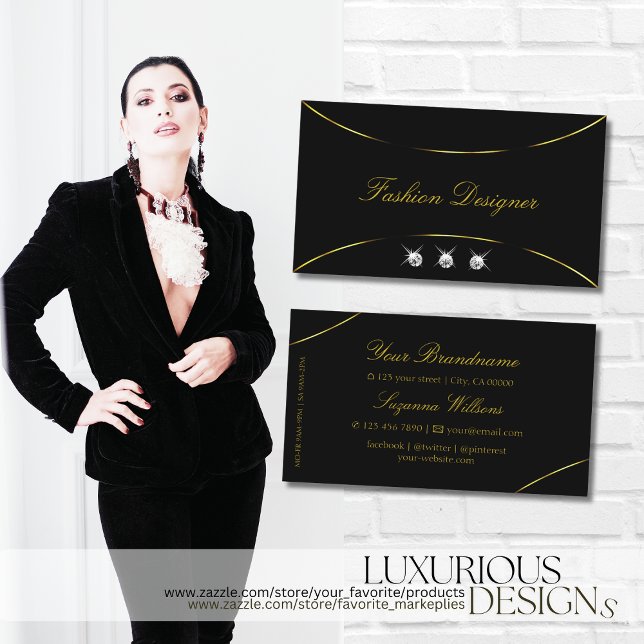 Plain Black with Gold Decor and Diamonds Stylish Business Card (Creator Uploaded)