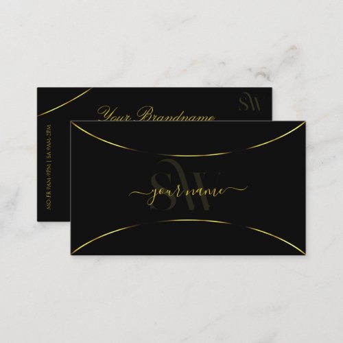 Plain Black with Gold Decor and Monogram Stylish Business Card