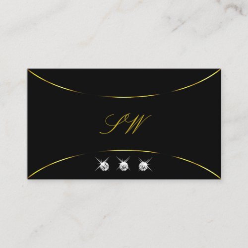 Plain Black with Gold Decor Diamonds and Monogram Business Card