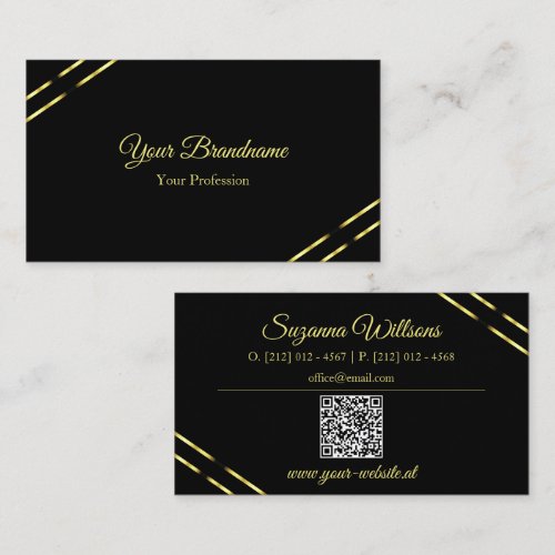 Plain Black with Gold Lines and QR Code Elegant Business Card