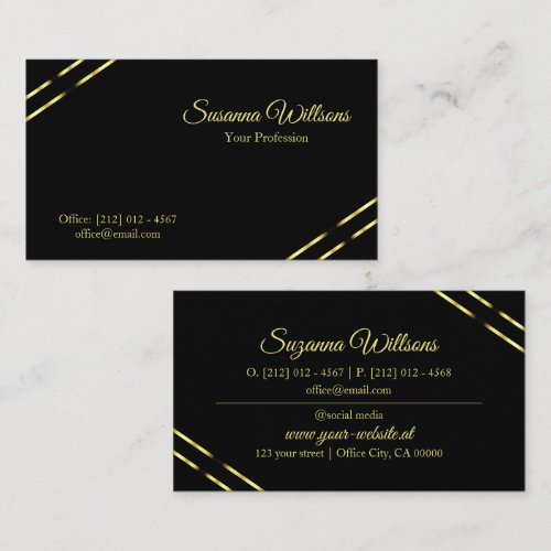 Plain Black with Gold Lines Classy and Elegant Business Card