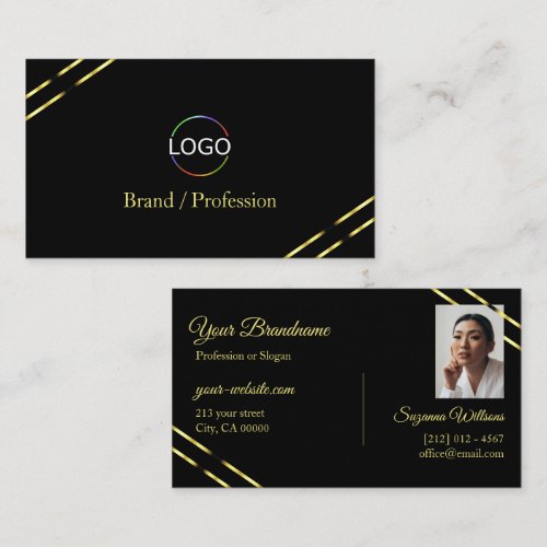 Plain Black with Gold Lines Logo and Photo  Business Card