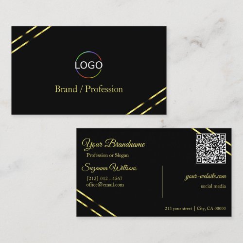 Plain Black with Gold Lines Logo and QR Code Business Card