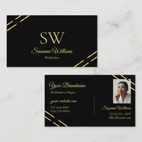 Plain Black with Gold Lines Monogram and Photo Business Card