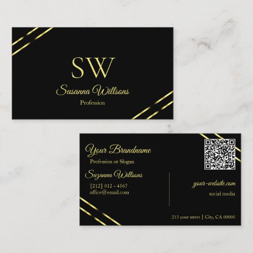 Plain Black with Gold Lines Monogram and QR Code Business Card