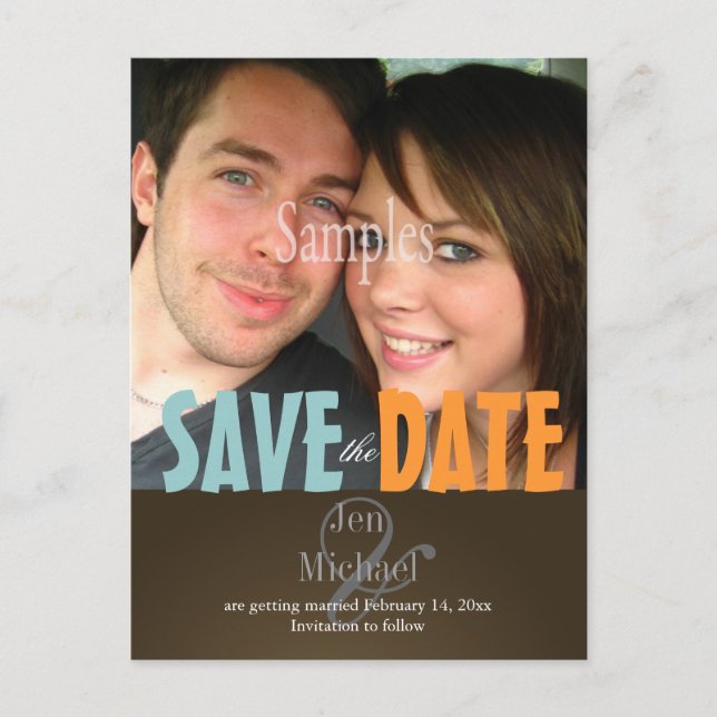 Plain, Blue + Brown Save the Date Photo postcards, Announcement Postcard (Front)