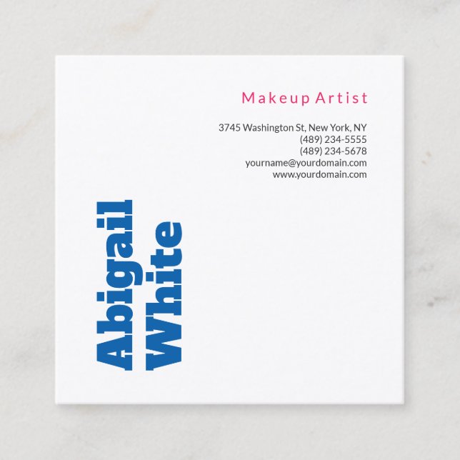 Plain Bold Minimal Modern Blue White Makeup Artist Square Business Card (Front)