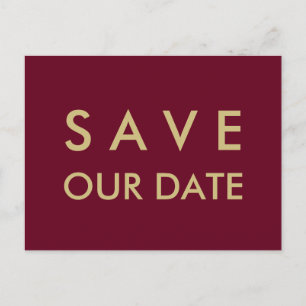 Plain Burgundy & Gold Save the Date Announcement Postcard